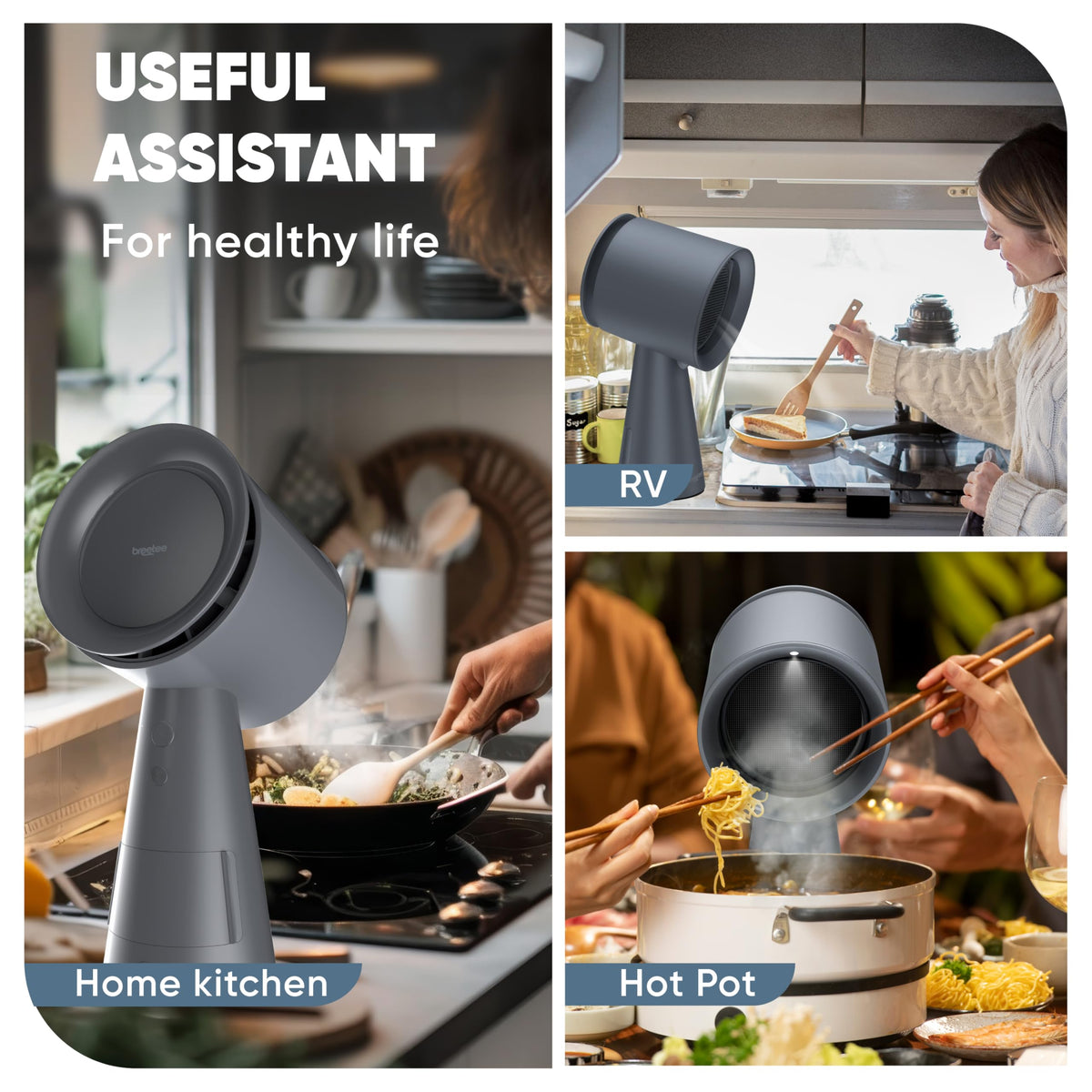 BREETEE Portable Range Hood Kitchen–5-Layer Filter Compact Desktop Exhaust Fan, Powerful 3-Speed Smoke Removal, Low Noise Countertop Range Hood, Oil Cup, for Apartments, Dorm, RV, Indoor BBQ – Black