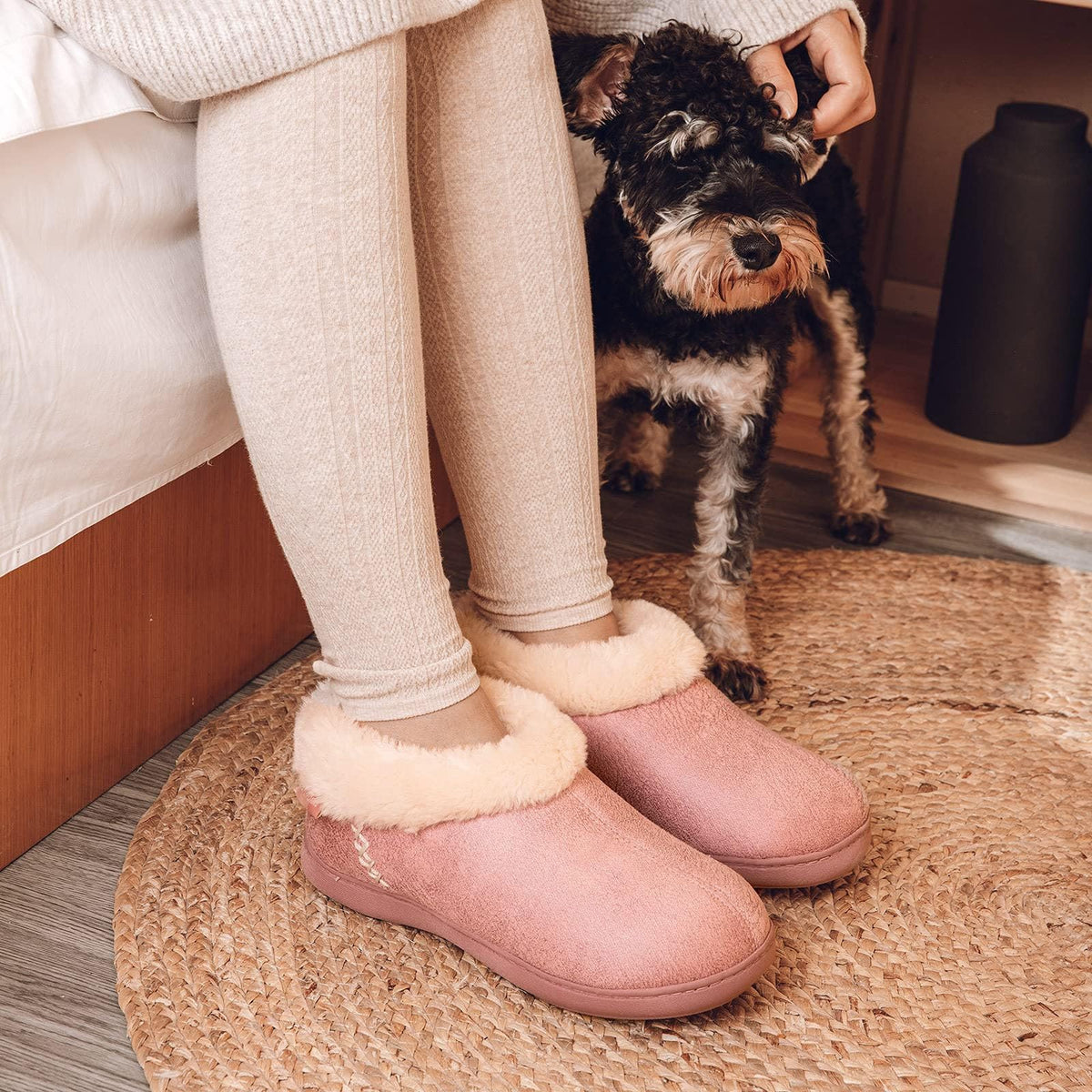 EverFoams Women's Suede Bootie Slippers Fuzzy Plush Collar Memory Foam