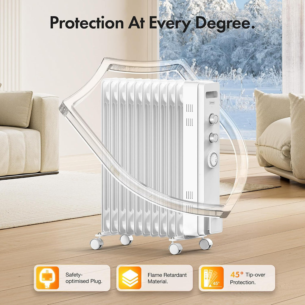 VonHaus Oil Filled Radiator 11 Fins – 2500W, 3 Heat Settings, 24 Hour Timer