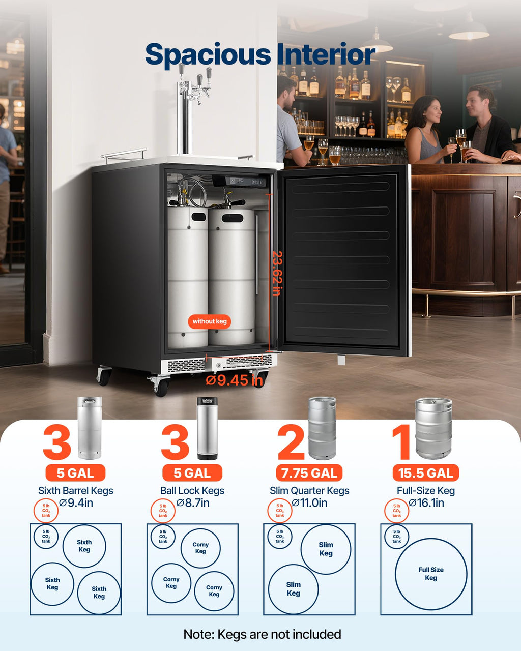VEVOR Beer Kegerator, Single Tap Commercial Draft Beer Dispenser for D system, Full Size Keg Refrigerator with 5lbs CO2 Tank, Hold 2 Sixth / 2 Ball lock keg, Black