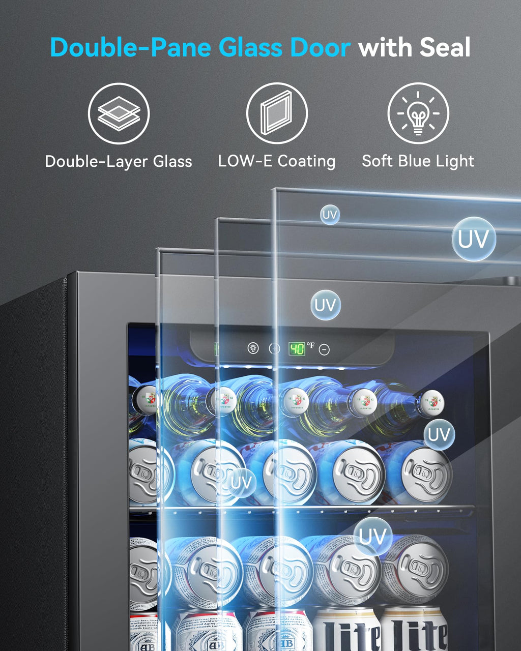 Feelfunn 2.6CuFt Beverage Refrigerator, 95 Can Mini Fridge with Glass Door