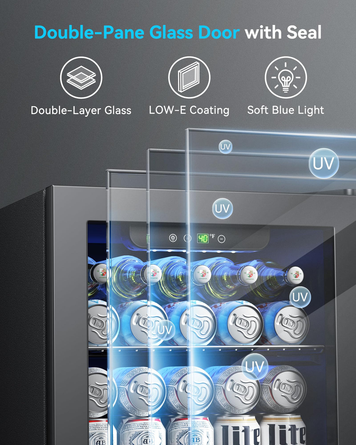 Feelfunn 2.6CuFt Beverage Refrigerator, 95 Can Mini Fridge with Glass Door