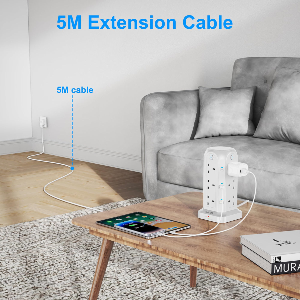 Tower Extension Lead 2M, 12 Way, 6 USB, 4 Independent Switches
