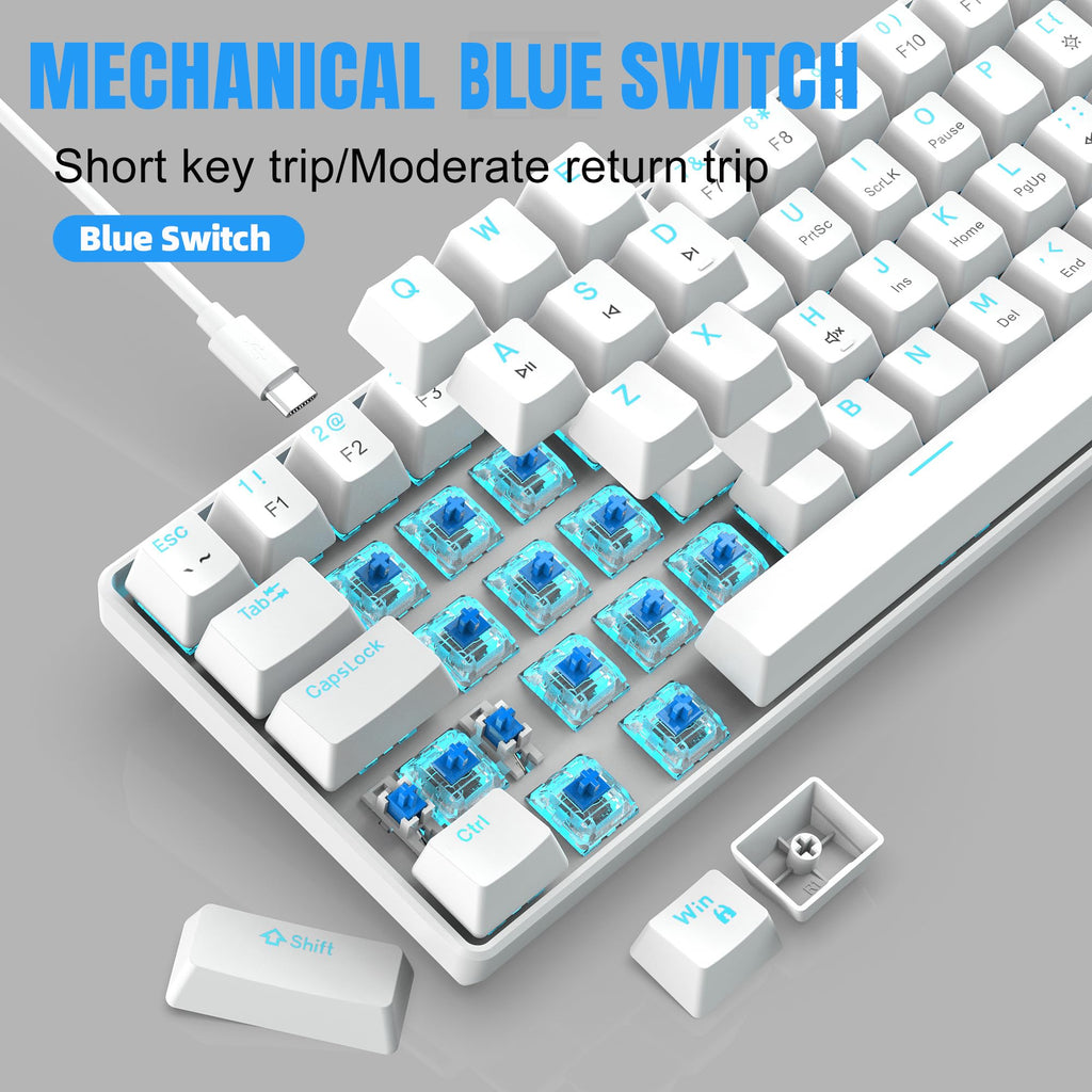 Snpurdiri 60% Wired Mechanical Gaming Keyboard, Ice Blue LED Backlit 61 Keys Mini Wired Office Keyboard for Windows Laptop PC Mac (Black-White, Red Switches)