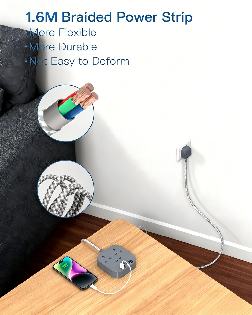 Extension Lead, Power Strips with 2 Way Outlets 4(4.5A, 2 Type C & 2 USB-A)