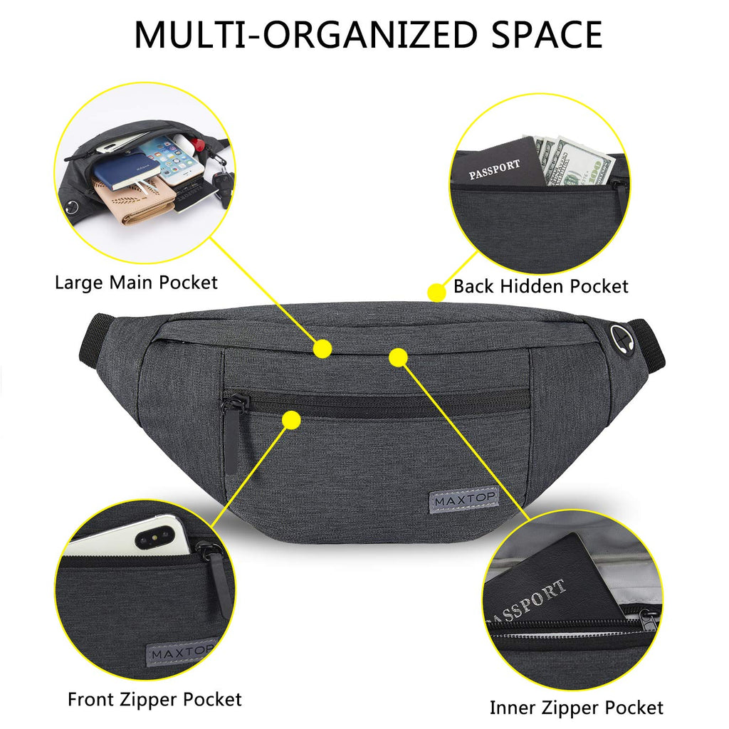 MAXTOP Large Bumbag Waist Fanny Pack Running Belt for Men Women Unisex Bum Bag with Headphone Jack and 4-Zipper Pockets Adjustable Belt for Travel Running Jogging Workout Hiking Gifts All Black