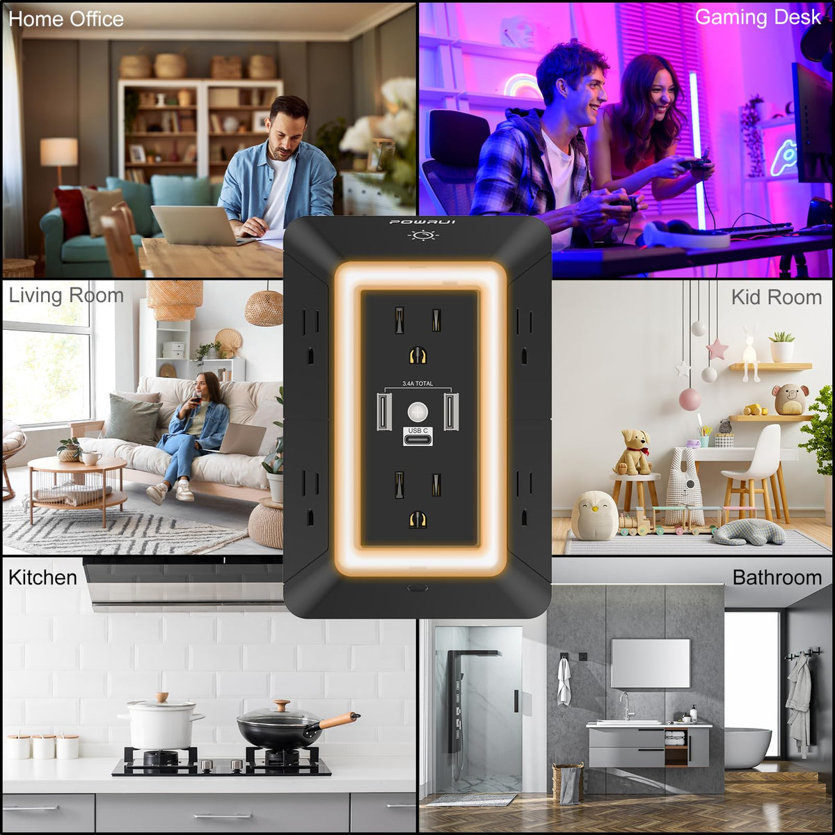 Multi Plug Wall Outlet Night Light, POWRUI 6 Outlet Extender & 3 USB Ports