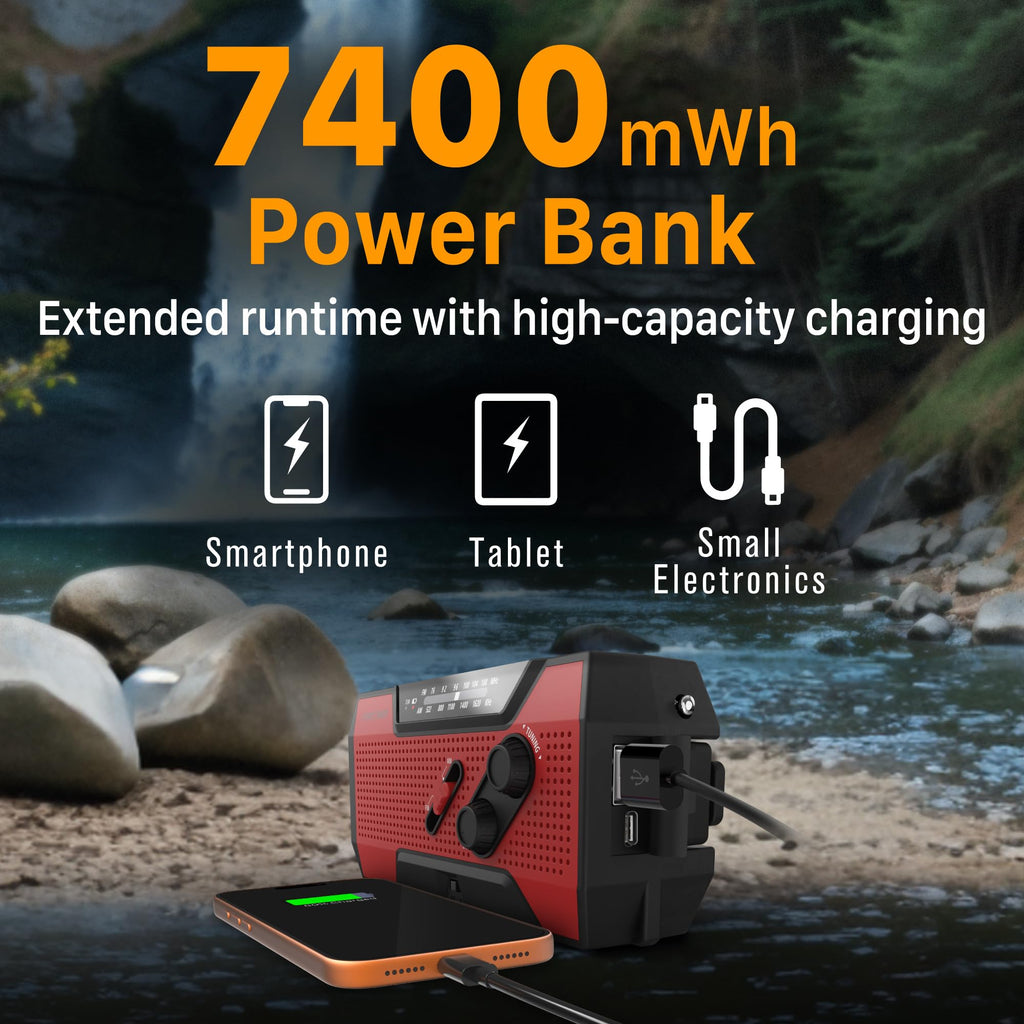 FosPower NOAA Emergency Weather Radio A1 7400mWh Solar Hand Crank (Orange)