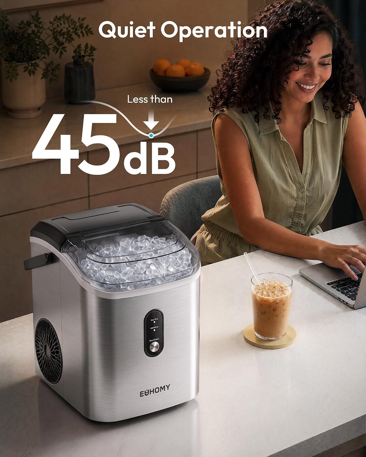 EUHOMY Nugget Ice Maker Countertop with Handle, Ready in 6 Mins, 34lbs Per Day, Removable Top Cover, Auto-Cleaning, Portable Sonic Ice Maker with Basket and Scoop, for Home/Party/RV/Camping (Black)