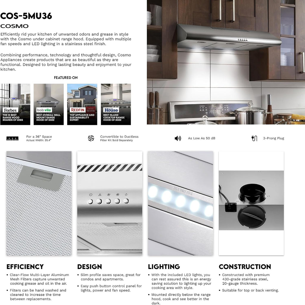 36 in. Delta Coll Ducted Under Cabinet Range Hood, Mesh Filters, Stainless