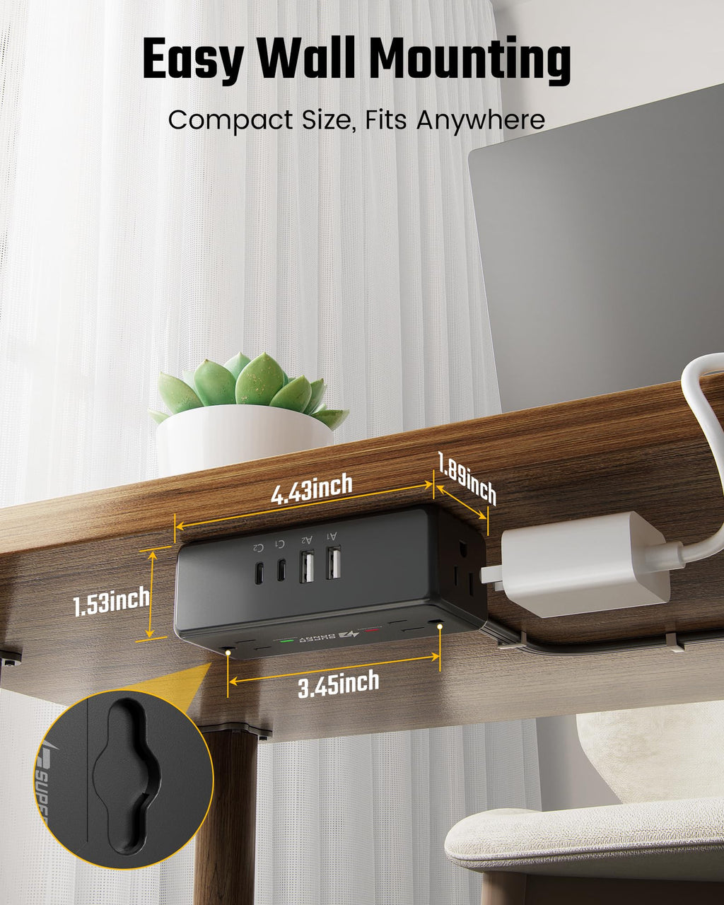 3Ft Short Extension Cord with Multiple Outlets, Surge Protector Power Strip