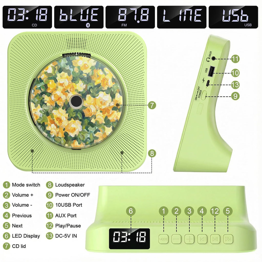Portable CD Player with Bluetooth, Gueray Desktop CD Players for Home, Bulit-in Double HiFi Speakers, AUX&Headphone Jack, FM Radio Boombox with Remote Control, USB Port,LCD Display (White)