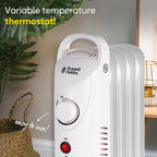 Russell Hobbs 2000W/2KW Oil Filled Radiator, 9 Fin Portable Electric Heater - White, Adjustable Thermostat with 3 Heat Settings, Safety Cut-off, 20 m sq Room Size, RHOFR5002, 2 Year Guarantee