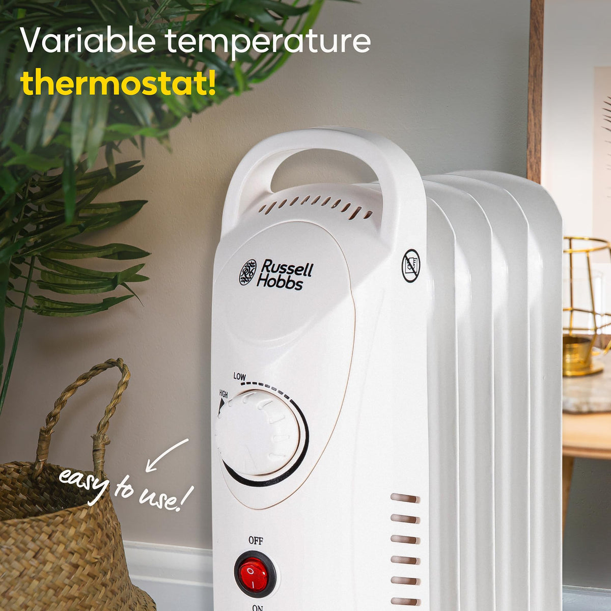 Russell Hobbs 2000W/2KW Oil Filled Radiator, 9 Fin Portable Electric Heater - White, Adjustable Thermostat with 3 Heat Settings, Safety Cut-off, 20 m sq Room Size, RHOFR5002, 2 Year Guarantee