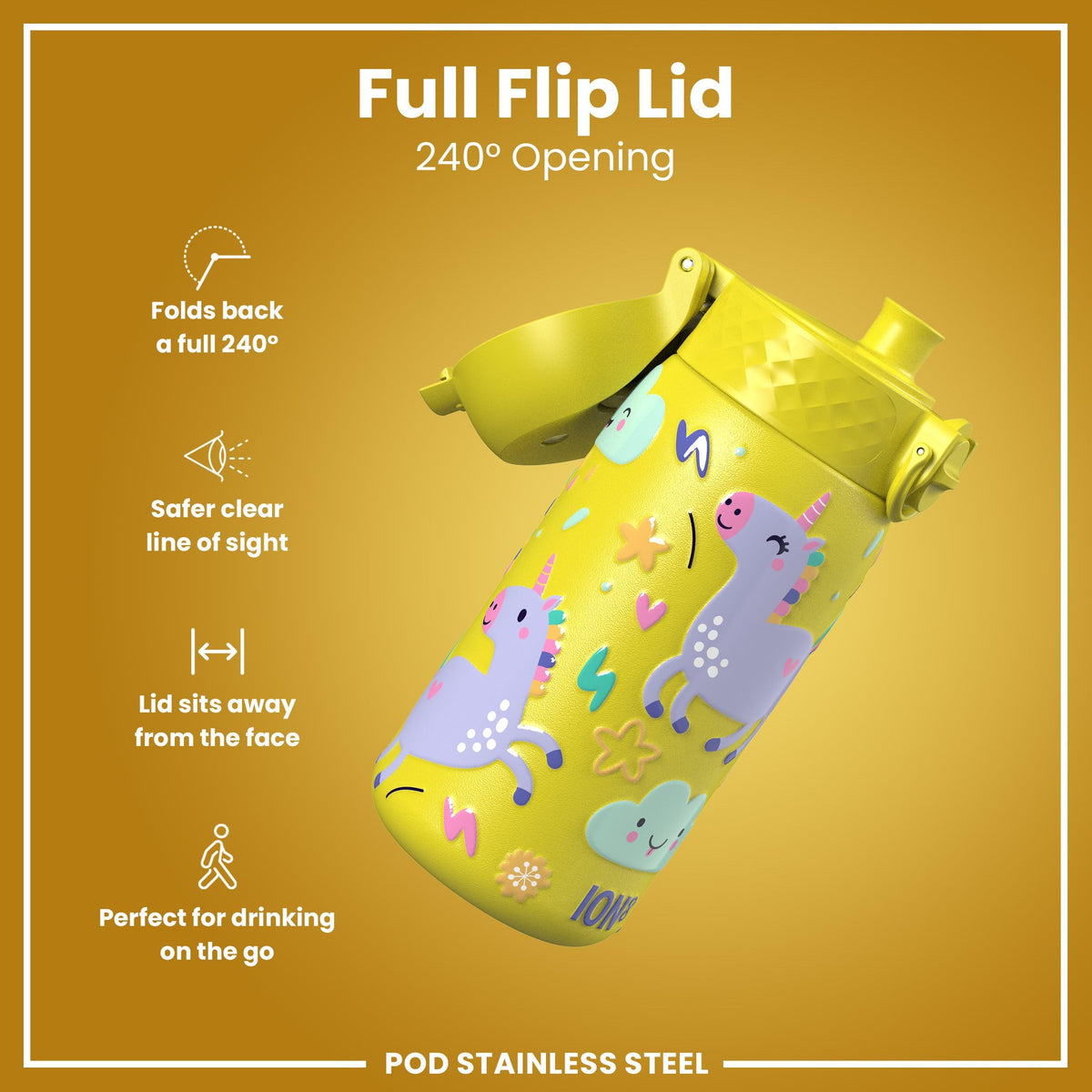 ION8 Lightweight Steel Kids Water Bottle, 400ml/13oz, Purple Unicorns