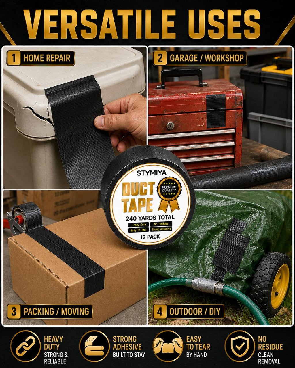Black Duct Tape Heavy Duty: 3 Rolls 2inch x 20yd Wide Waterproof Outdoor - Strong Adhesive Weather Tapes Repair Bulk - Ductape for Patterns Masking Packing Furniture Kids Craft (3, Matte Black)
