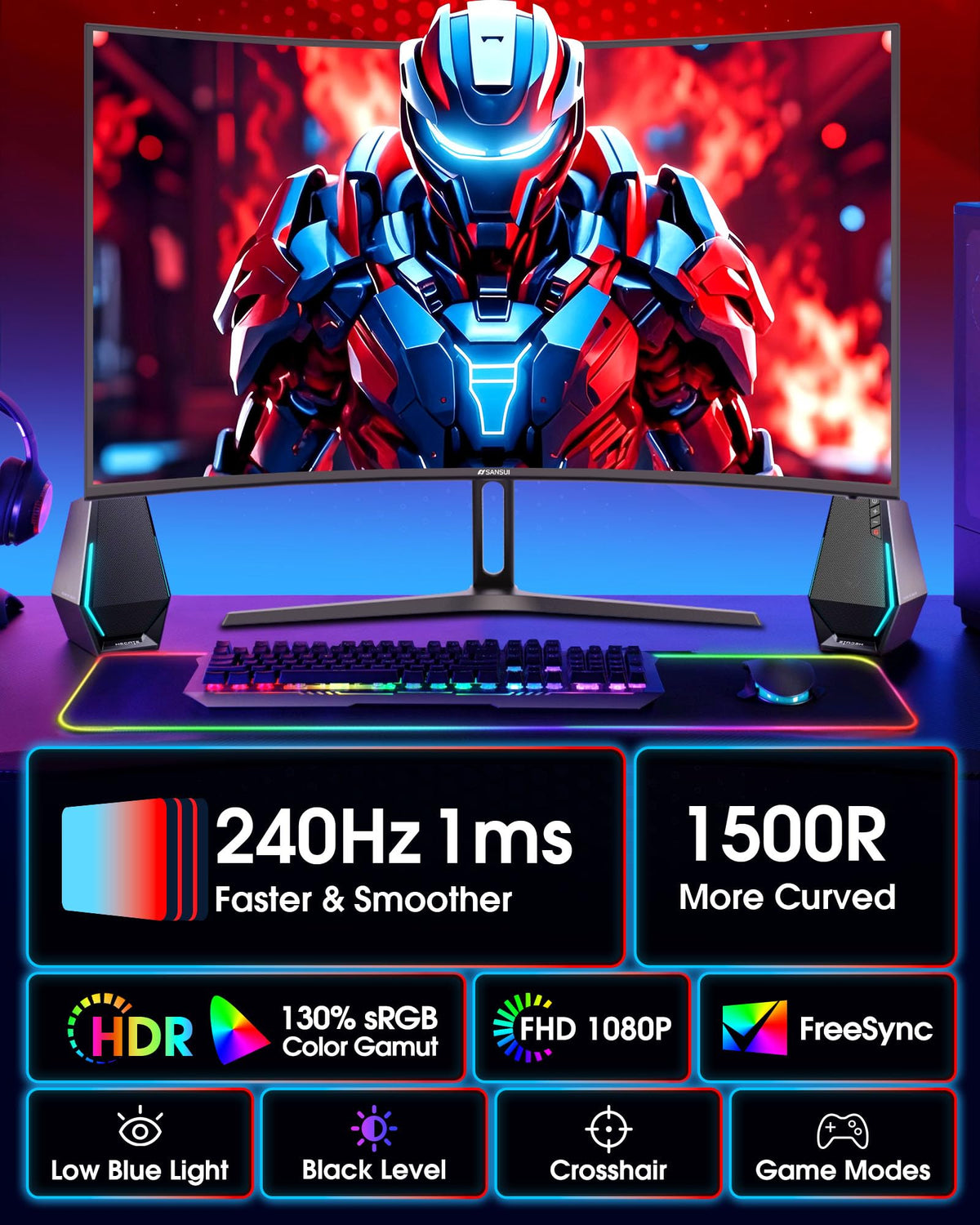SANSUI 24 Inch Gaming Monitor 200Hz 1Ms FreeSync HDR 110% sRGB FHD 1080P Computer Monitor HDMI DP Ports Eye Care Frameless VESA Mount Cable Management(ES-G24F4L HDMI Cable Included)