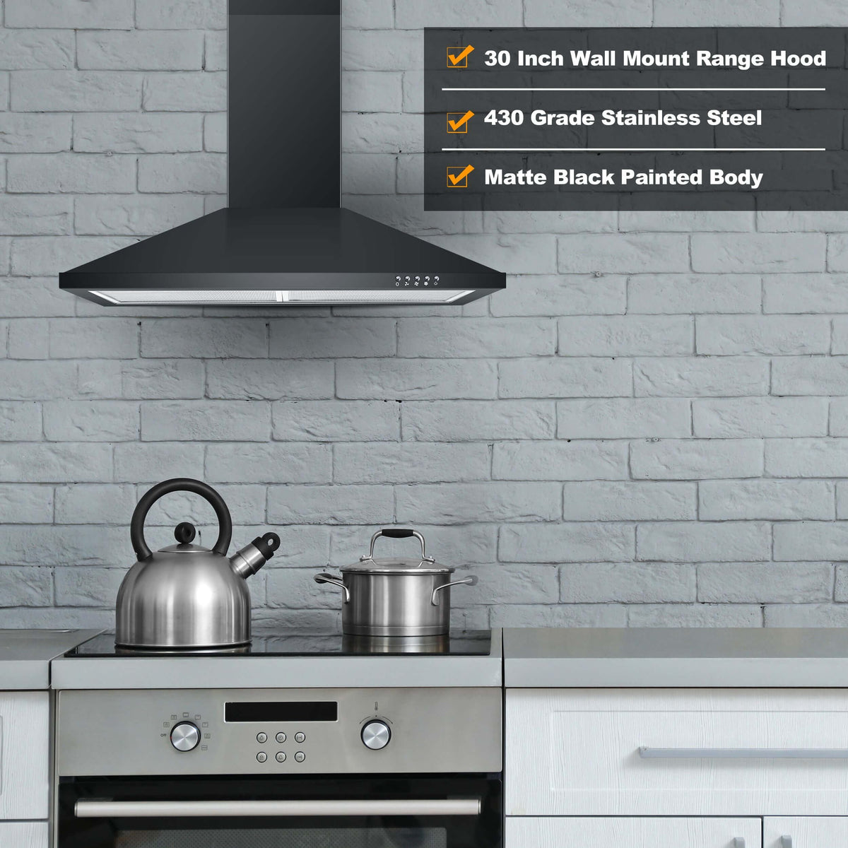SNDOAS Range Hood 30 inch,Wall Mount Range Hood in Stainless Steel With Ducted/Ductless Convertible,Stove Vent Hood with Aluminum Filters,3 Speed Exhaust Fan,LED Light,Button Control