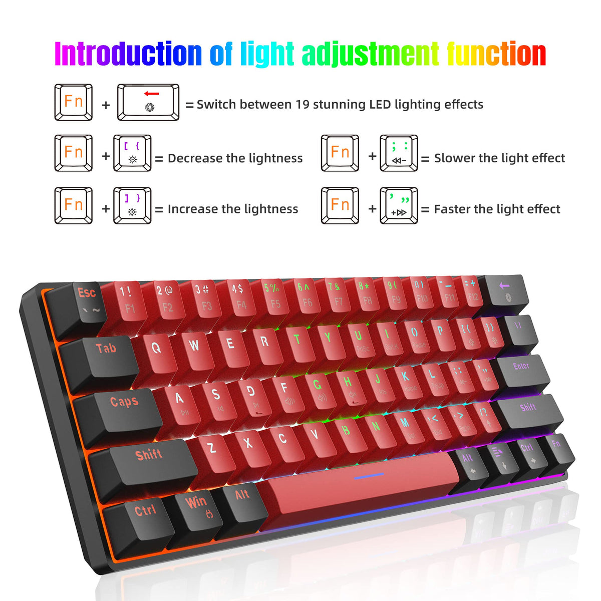 Snpurdiri 60% Wired Mechanical Gaming Keyboard, Ice Blue LED Backlit 61 Keys Mini Wired Office Keyboard for Windows Laptop PC Mac (Black-White, Red Switches)