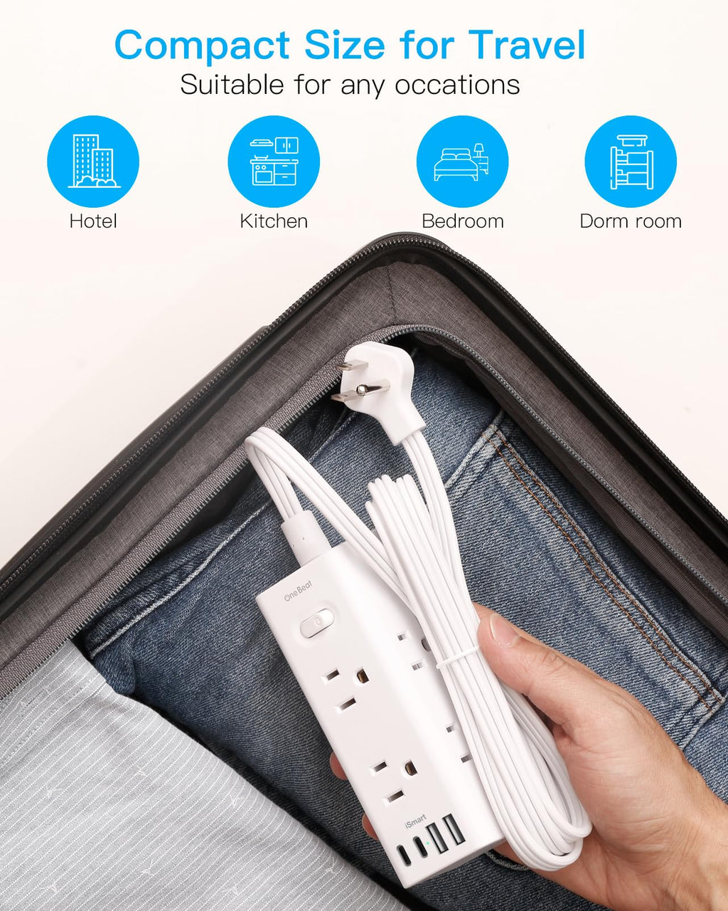 One Beat 10Ft Extension Cord with Multiple Outlets,Flat Plug Power Strip