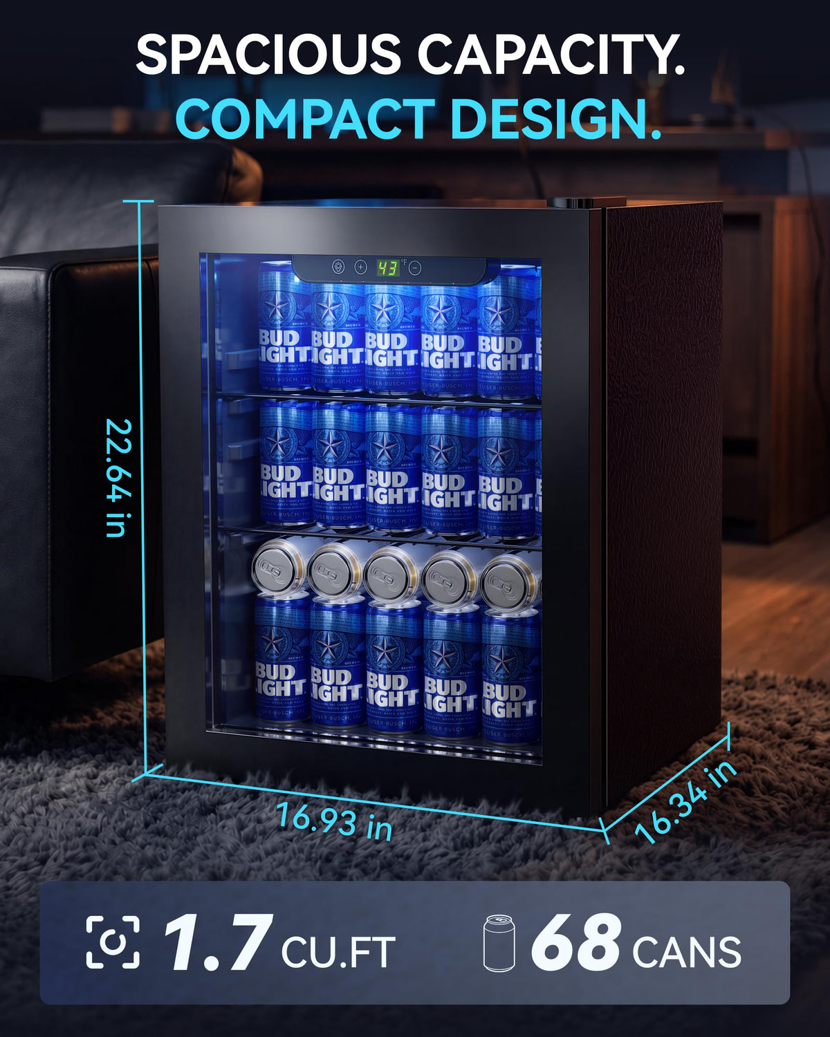 2.5 Cu.Ft Beverage Fridge, Glass Door Mini Fridge, Silver, 96 Can