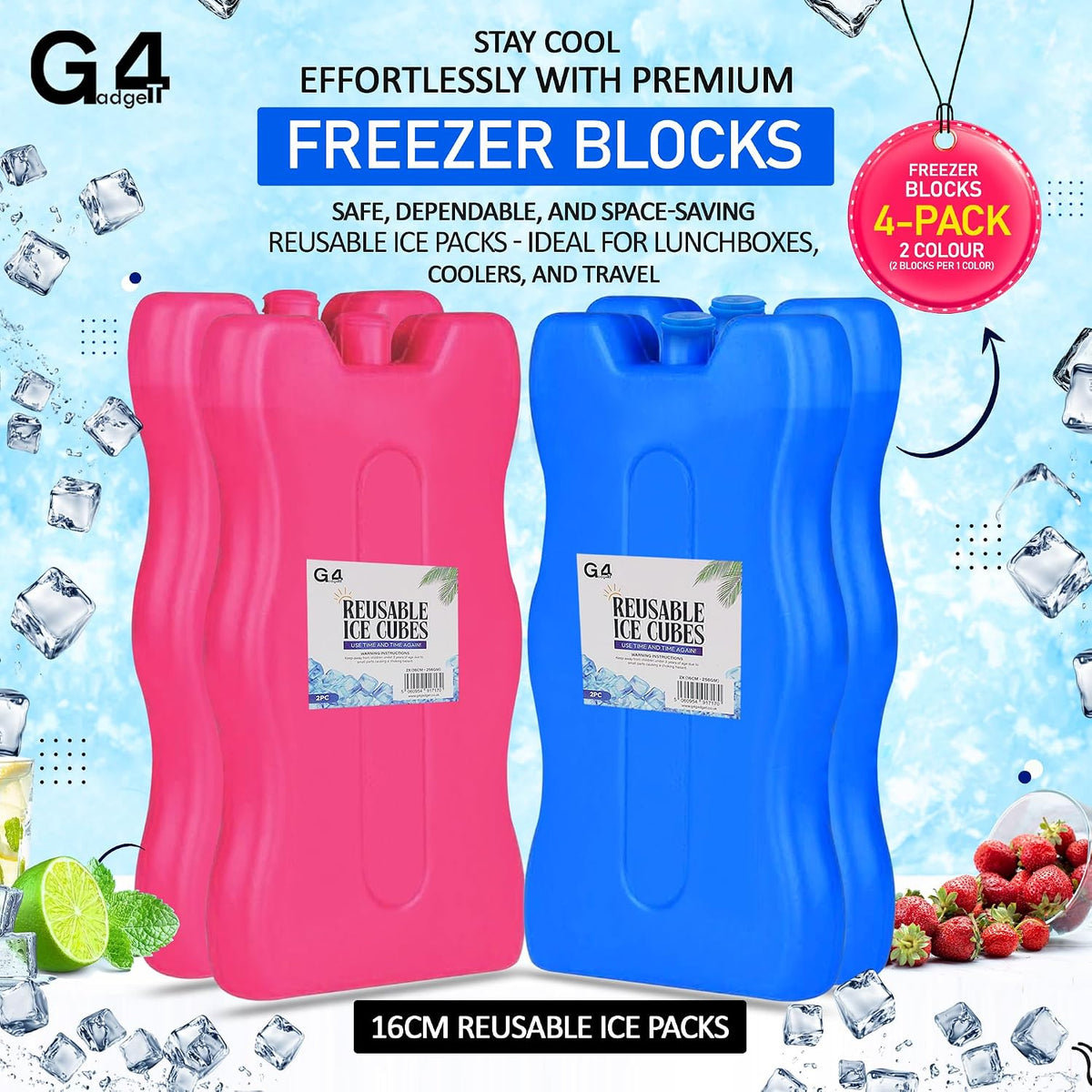 G4GADGET 16cm Freezer Blocks – Pack of 4 – Long-Lasting Reusable Ice Packs for Coolers, Picnic Bags, Travel & Outdoor Adventures – Ideal for Beach & Hiking Trips
