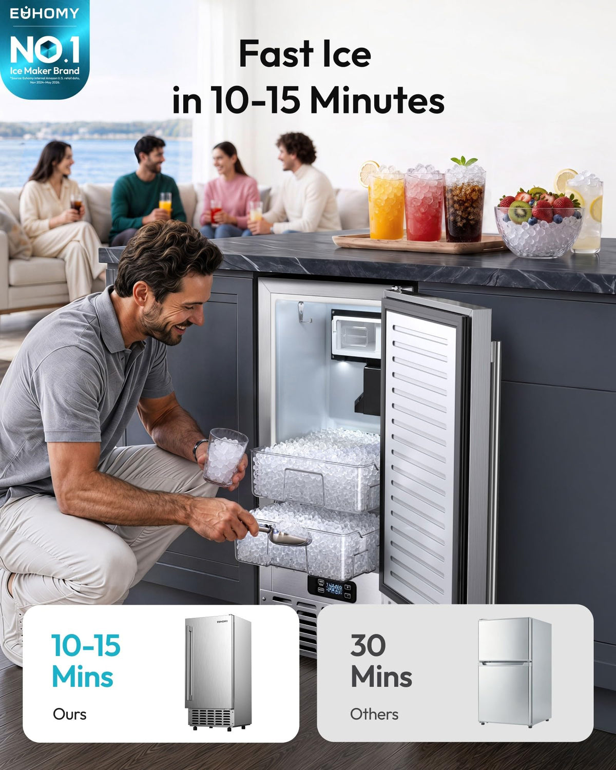 EUHOMY 15" Under Counter Ice Maker, 90lbs/24H, 24lb Bin, Gravity Drainage