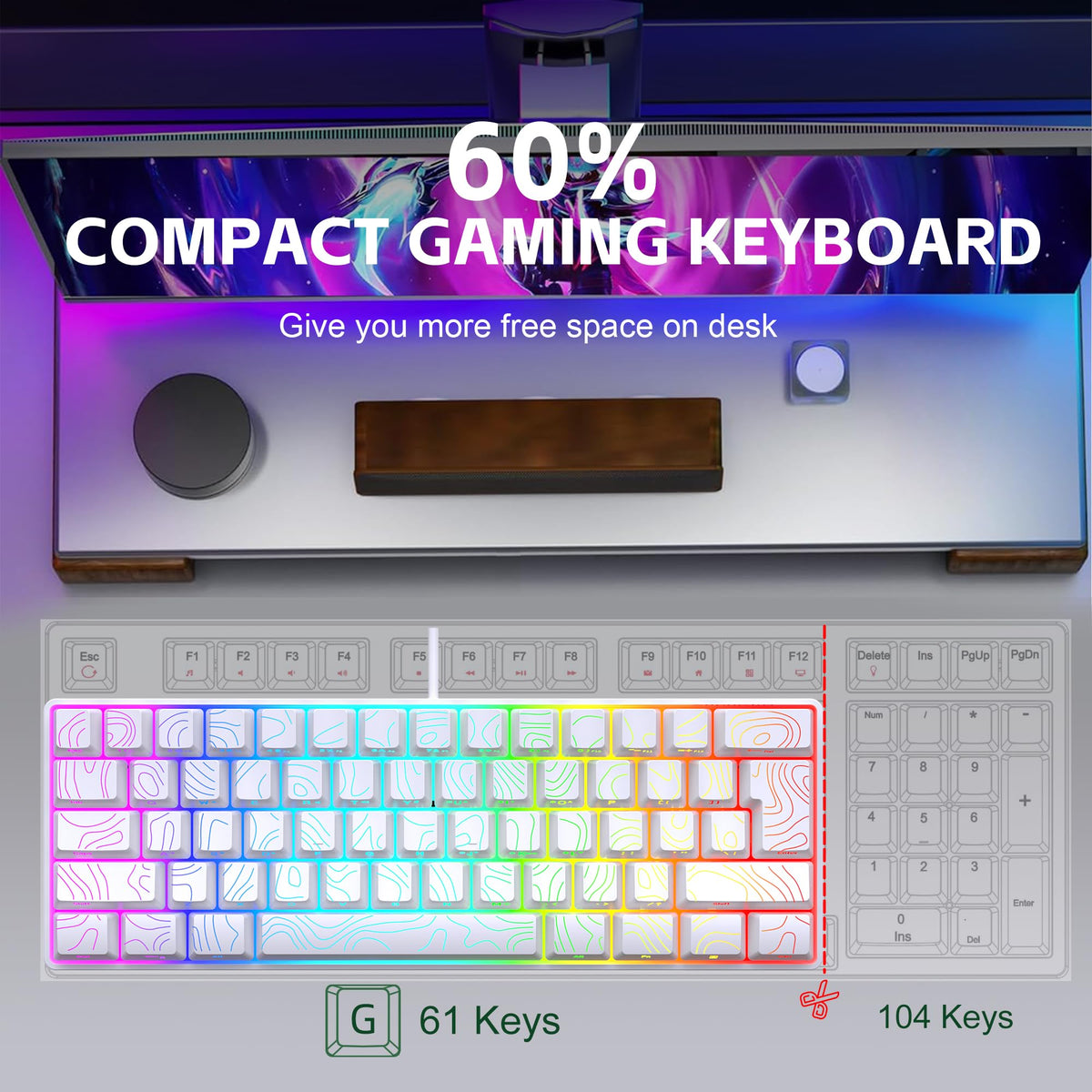 Snpurdiri 60% Wired Mechanical Gaming Keyboard, Ice Blue LED Backlit 61 Keys Mini Wired Office Keyboard for Windows Laptop PC Mac (Black-White, Red Switches)