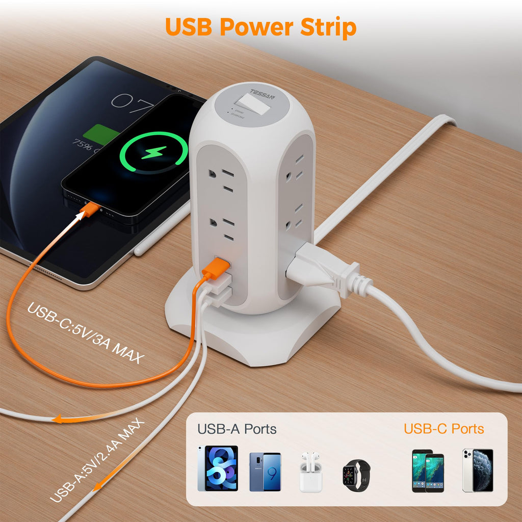 TESSAN Tower Power Strip Flat Plug with 1050J Surge Protection, 6 Ft, Black