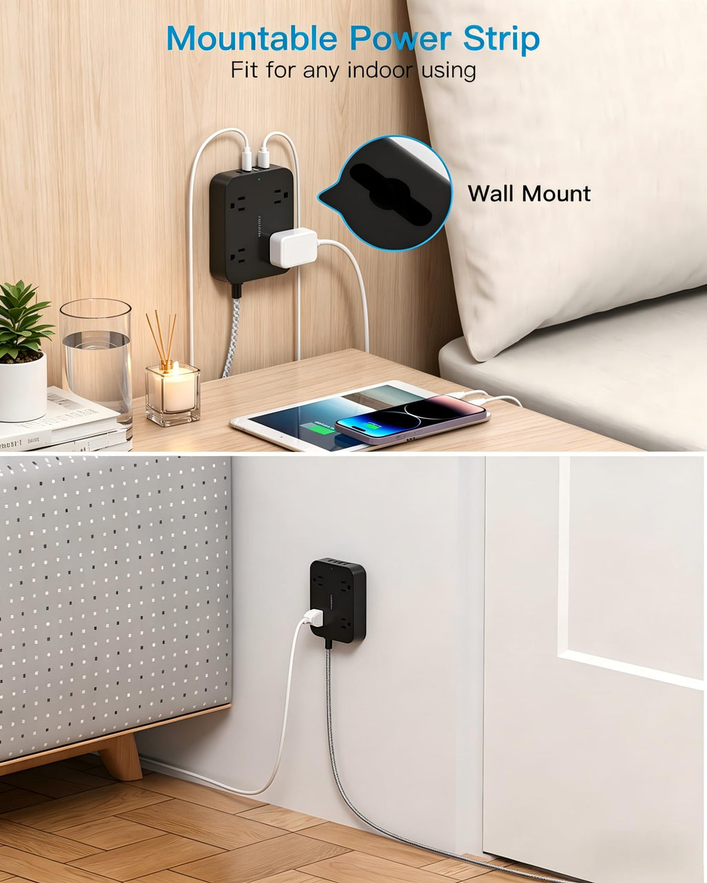 10 Ft Extension Cord, Flat Power Strip with 4 Outlets 4 USB Ports (2 USB C)