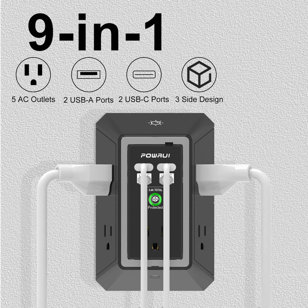 Multi Plug Wall Outlet Night Light, POWRUI 6 Outlet Extender & 3 USB Ports
