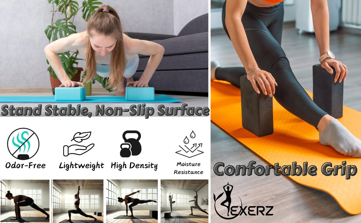 EXERZ Yoga Blocks 2pcs Gym Bricks -Comfortable Fitness Yoga Bricks, Anti-Slip, Lightweight and Travel Friendly Pilates Practice