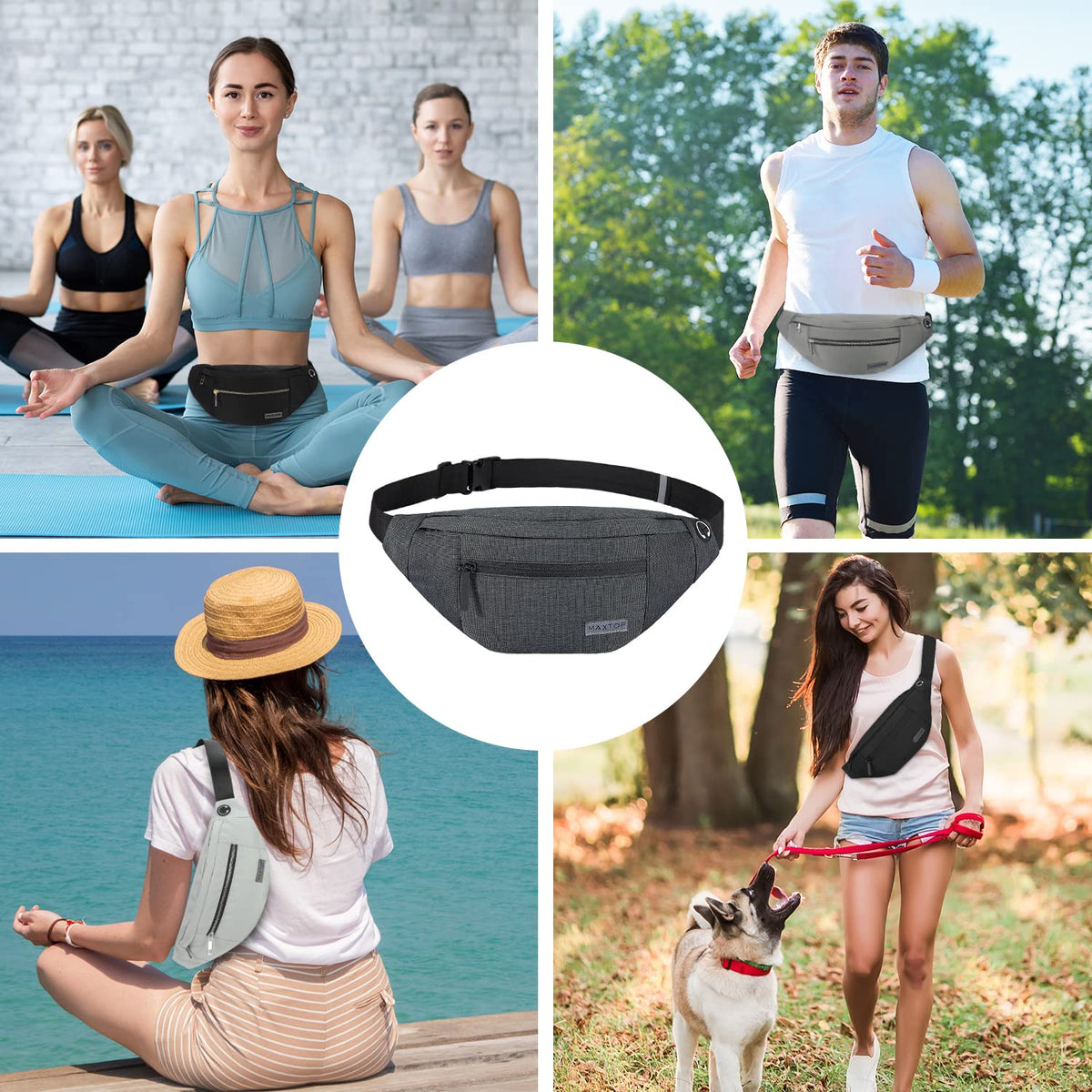 MAXTOP Large Bumbag Waist Fanny Pack Running Belt for Men Women Unisex Bum Bag with Headphone Jack and 4-Zipper Pockets Adjustable Belt for Travel Running Jogging Workout Hiking Gifts All Black