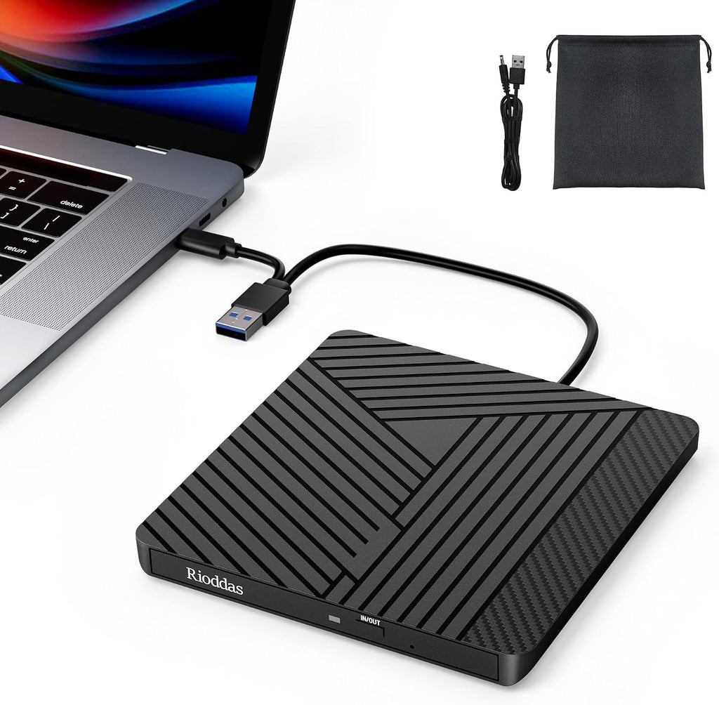 Rioddas External USB-C 3.0 CD/DVD Drive Burner +/-RW, Ultra-Slim Portable DVD Player Writer Reader for Windows 11/10/8 Linux, Laptop Desktop PC Mac iMac MacBook