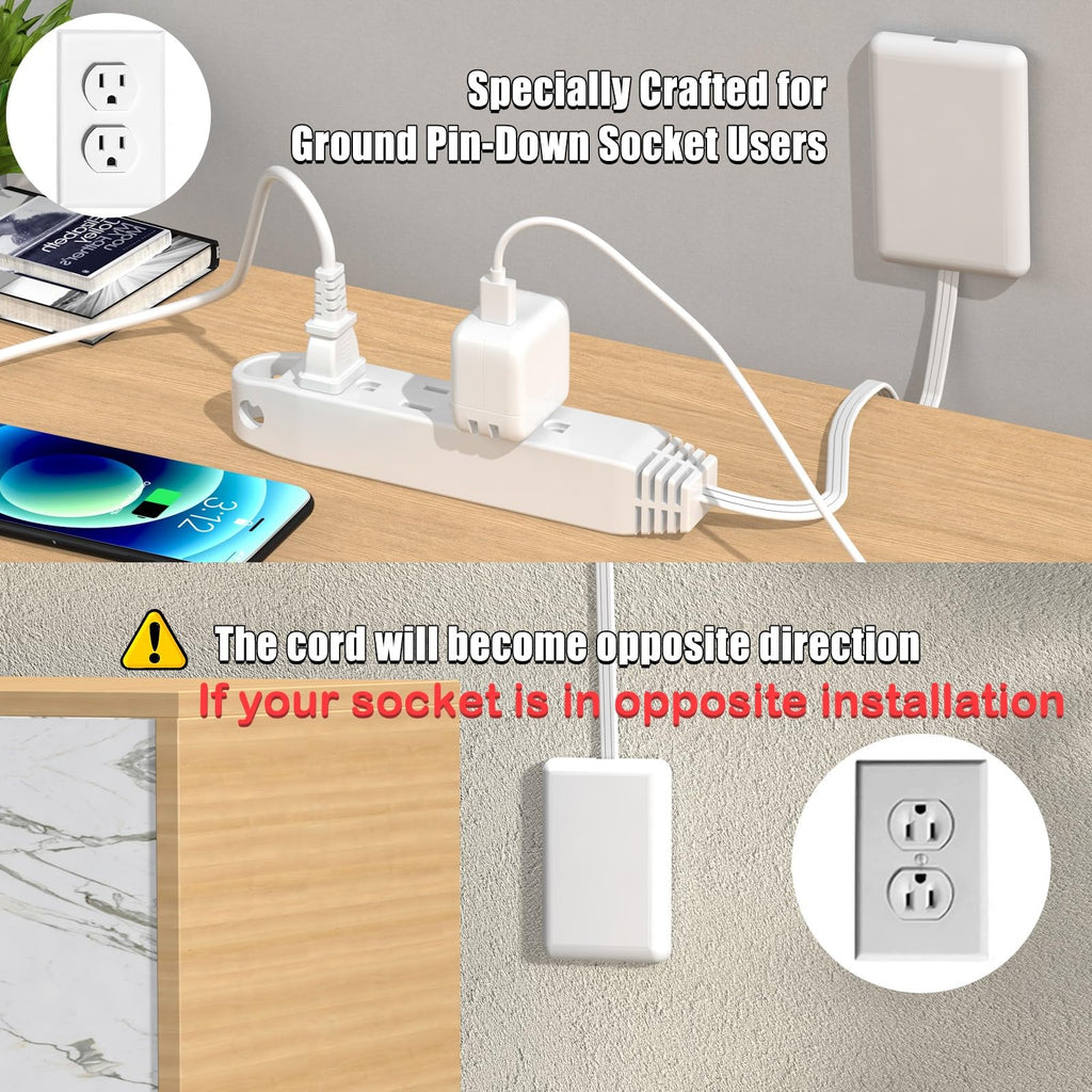 CABOCASA 3FT Flat Plug Extension Cord Power Strip 3 Outlets White Upward