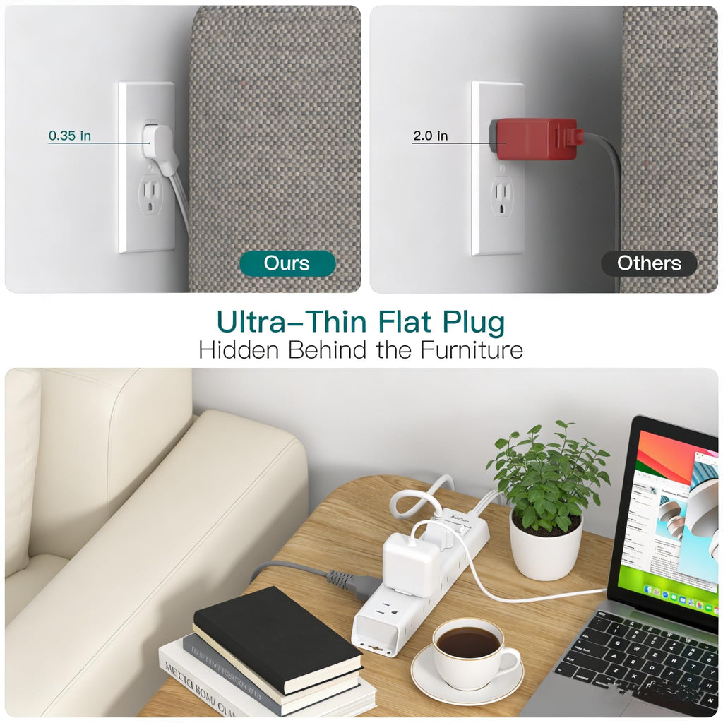 Flat Plug Power Strip, Ultra Thin Flat Extension Cord - 12 Outlets 3 Sides