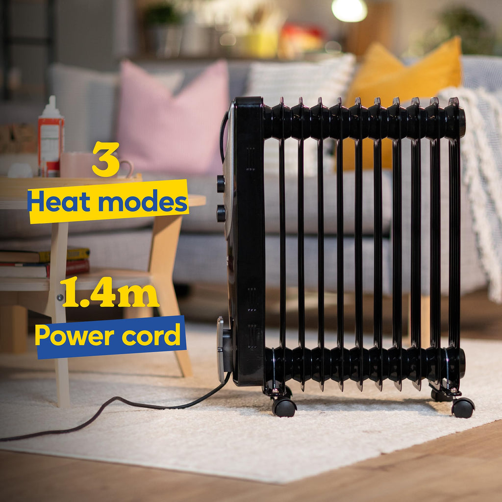 Russell Hobbs 2000W/2KW Oil Filled Radiator, 9 Fin Portable Electric Heater - White, Adjustable Thermostat with 3 Heat Settings, Safety Cut-off, 20 m sq Room Size, RHOFR5002, 2 Year Guarantee