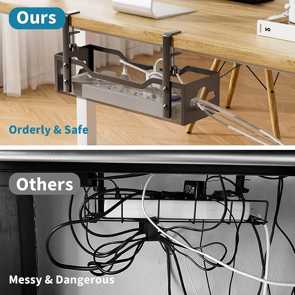 Under Desk Cable Management Tray 2 Pack, No Drill Cable Organizer With Clamp for Standing Desk, Easy to Install Cord Management System, No Damage Wire Organizer