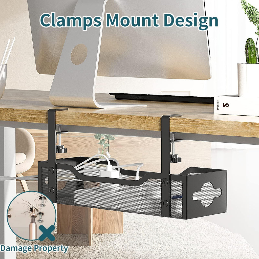 Under Desk Cable Management Tray 2 Pack, No Drill Cable Organizer With Clamp for Standing Desk, Easy to Install Cord Management System, No Damage Wire Organizer