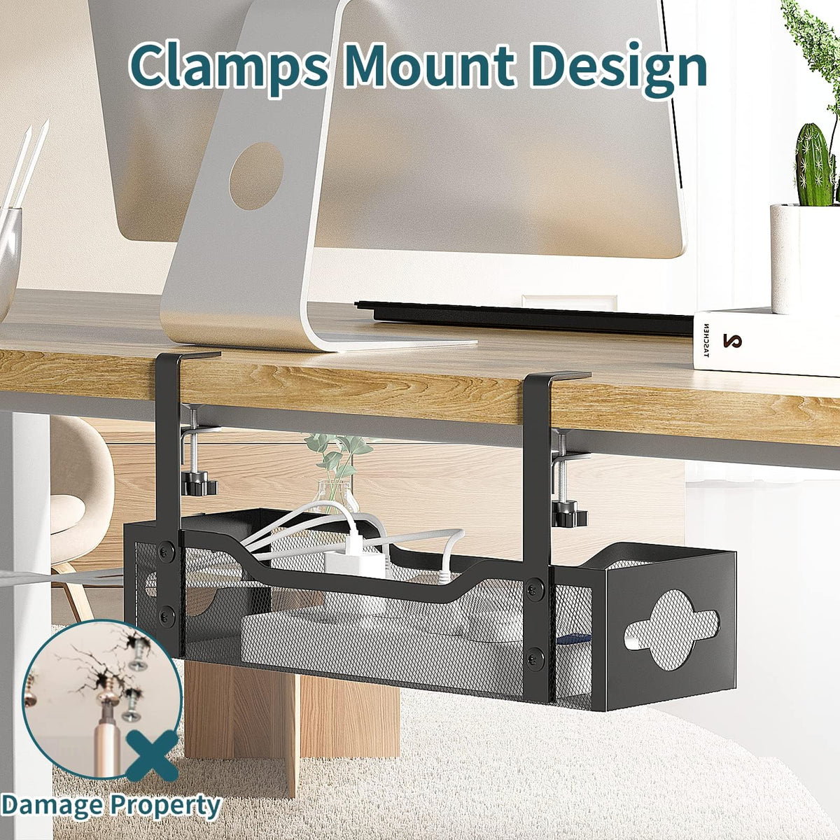 Under Desk Cable Management Tray 2 Pack, No Drill Cable Organizer With Clamp for Standing Desk, Easy to Install Cord Management System, No Damage Wire Organizer