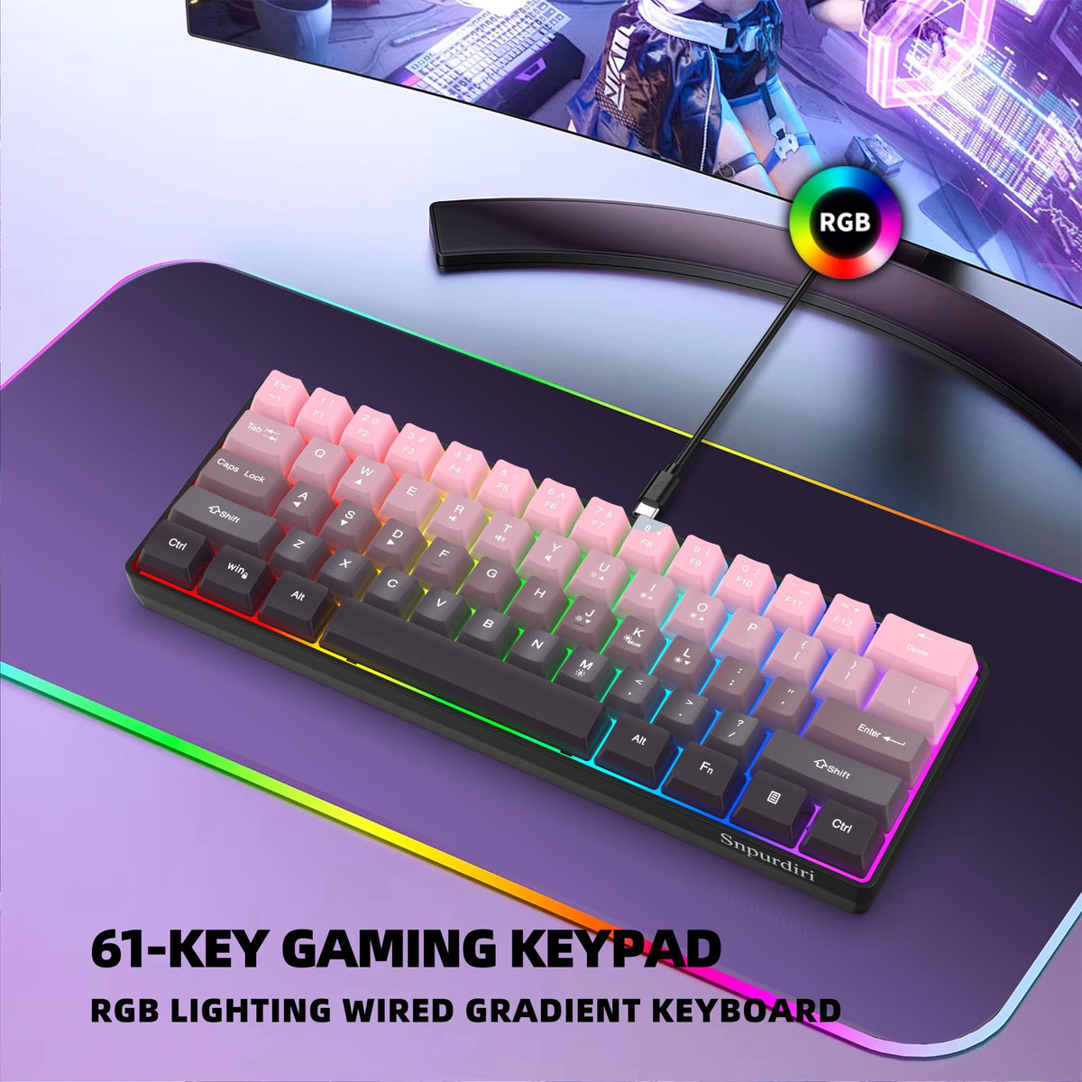 Snpurdiri 60% Wired Mechanical Gaming Keyboard, Ice Blue LED Backlit 61 Keys Mini Wired Office Keyboard for Windows Laptop PC Mac (Black-White, Red Switches)