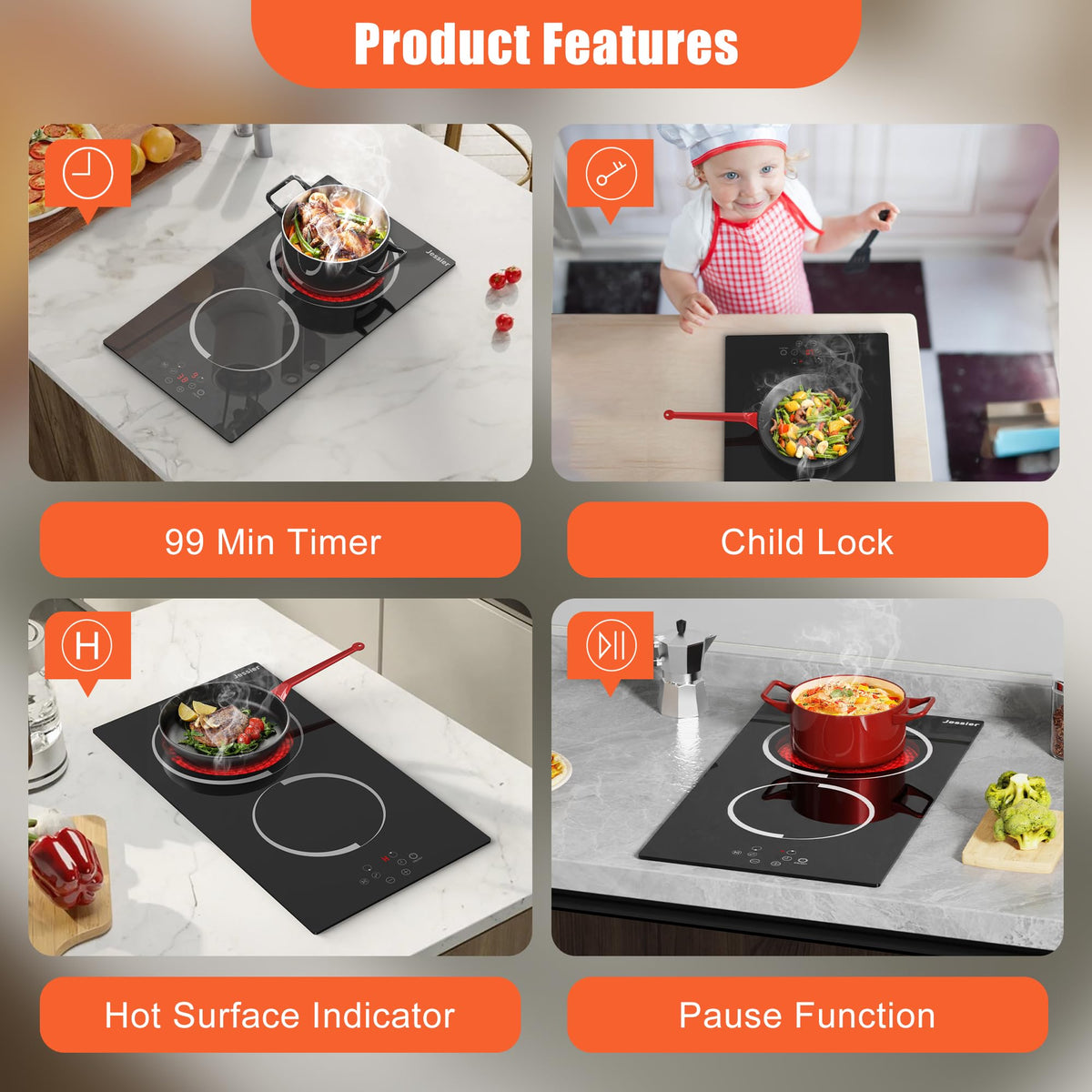 2 Burner Electric Cooktop 110V 2000W Countertop or Built-in