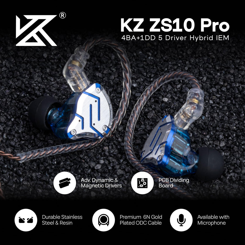 Linsoul KZ ZS10 Pro, 4BA+1DD 5 Driver in Ear Monitor, HiFi Wired Earbuds, Gaming Earbuds, Hybrid IEM Earphones with Stainless Steel Faceplate, Detachable Cable for Musician(with Mic, Dark Black)