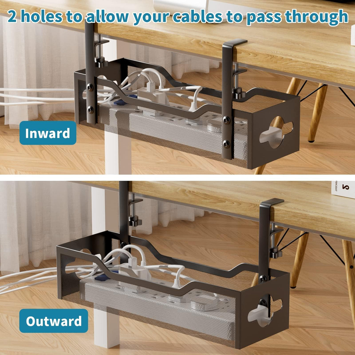 Under Desk Cable Management Tray 2 Pack, No Drill Cable Organizer With Clamp for Standing Desk, Easy to Install Cord Management System, No Damage Wire Organizer