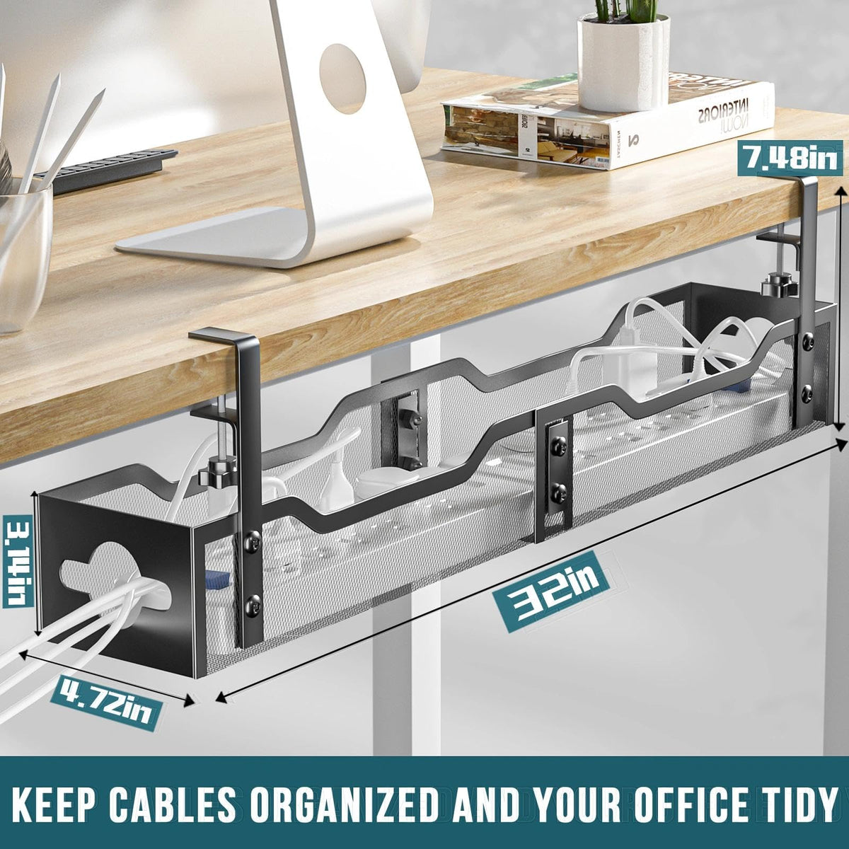 Under Desk Cable Management Tray 2 Pack, No Drill Cable Organizer With Clamp for Standing Desk, Easy to Install Cord Management System, No Damage Wire Organizer