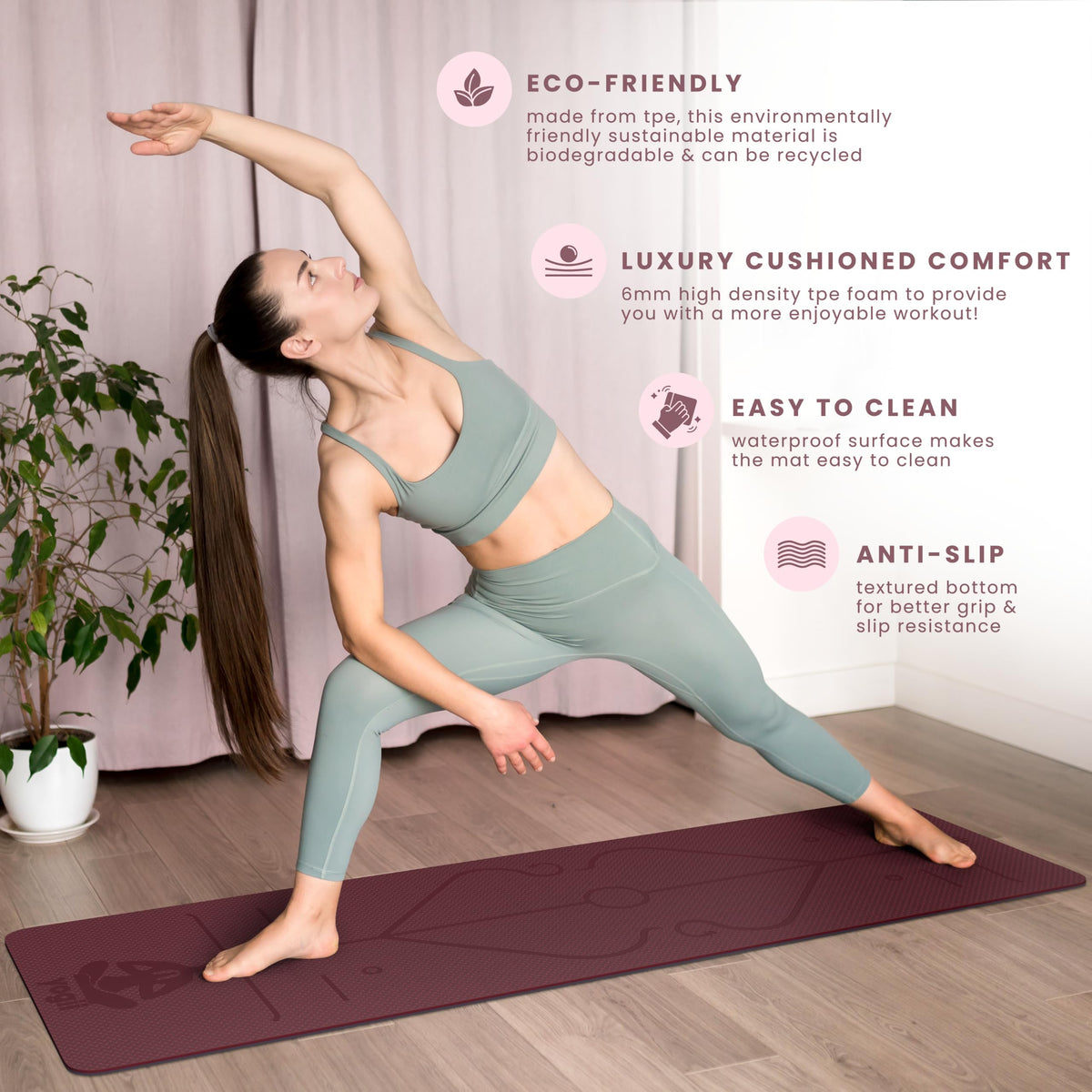 Yogii Yoga Mat - Non-Slip 6mm Thick TPE & Travel-friendly Yoga Mat - Perfect for Home & Gym Exercise Fitness & Pilates - With Laser Alignment Guides for Men & Women