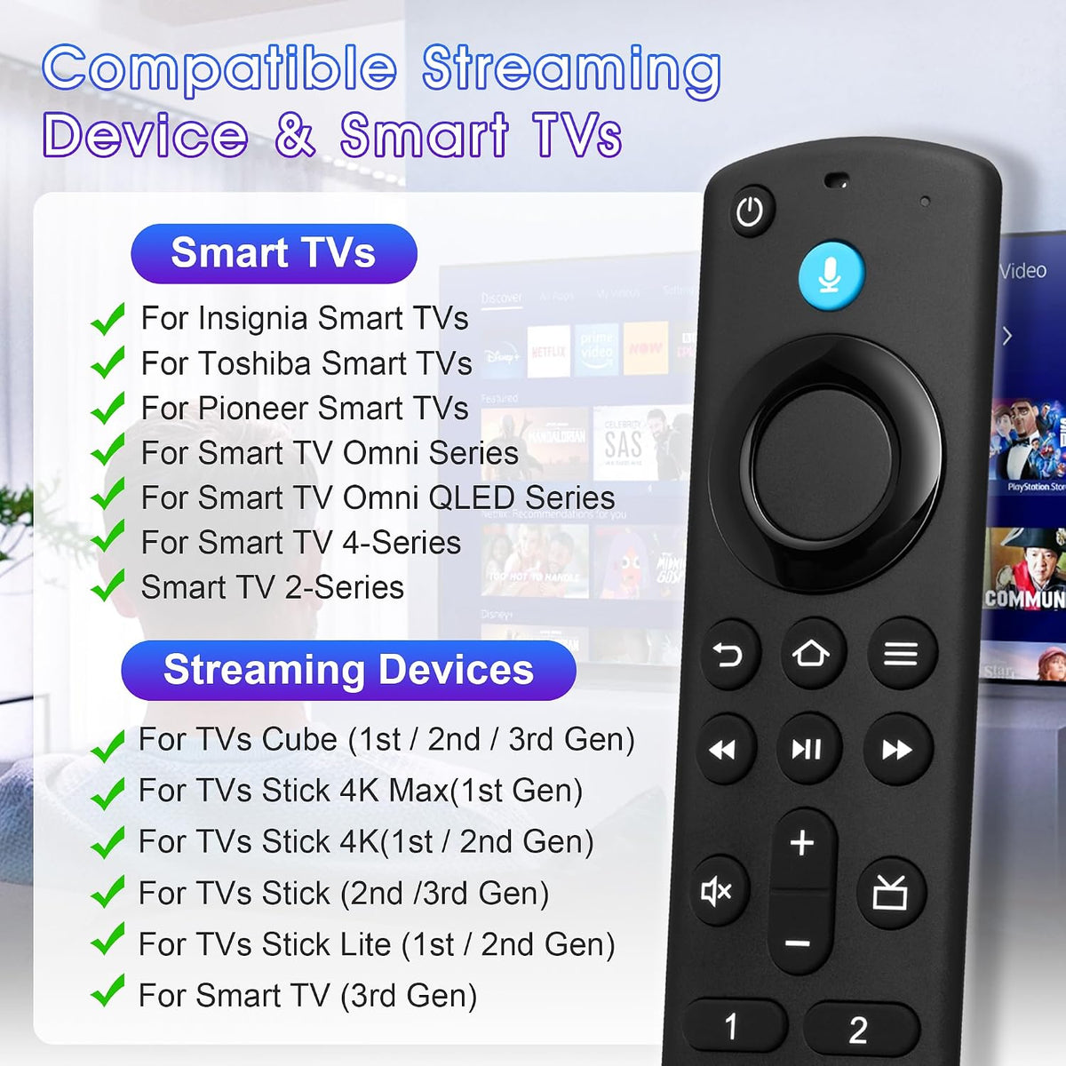 Replacement Fire Stick Remote for All Fire Series, TV FireStick (HD, 4K, 4K Max, Lite), TV Cube, for Fire-TV-Insignia/Pioneer/Smart TVs with Voice