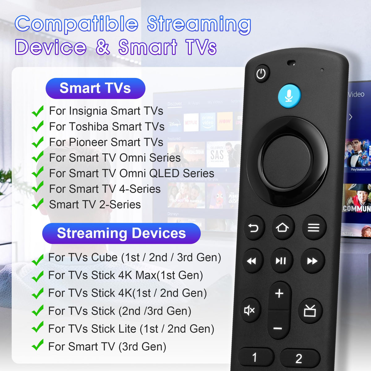 Replacement Fire Stick Remote for All Fire Series, TV FireStick (HD, 4K, 4K Max, Lite), TV Cube, for Fire-TV-Insignia/Pioneer/Smart TVs with Voice