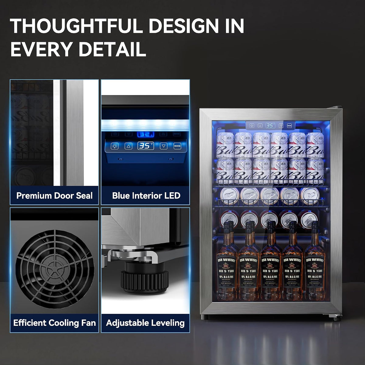 2.5 Cu.Ft Beverage Fridge, Glass Door Mini Fridge, Silver, 96 Can
