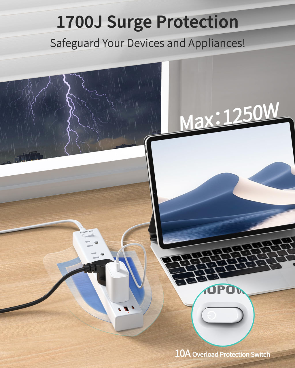 6FT Surge Protector Power Strip, 1700J, 5AC&1A2C, Flat Plug Extension Cord